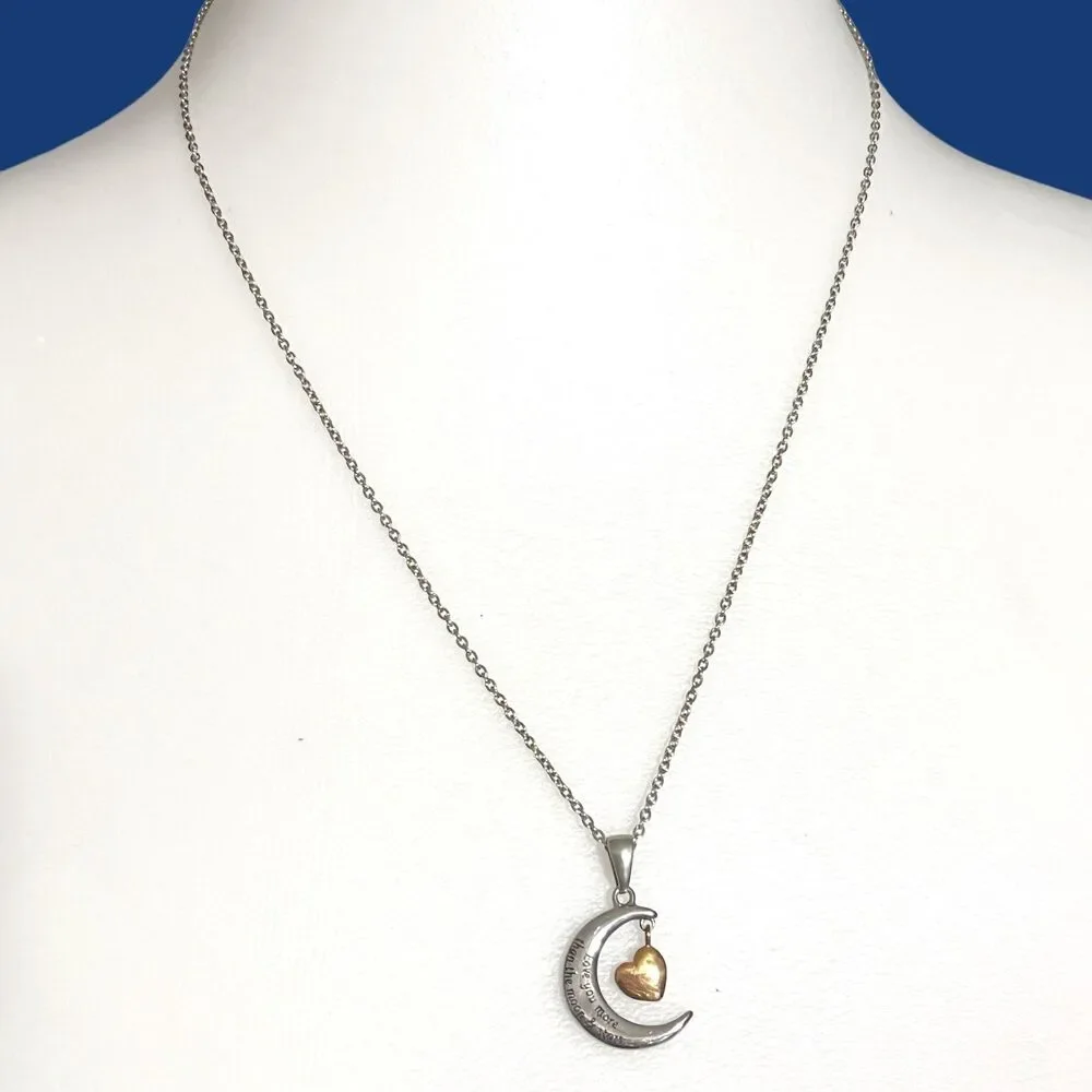 Moon Dangle Heart Pendant Necklace Love You More Stainless Steel Silver Tone 20